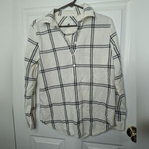 Ann Taylor Loft Womens Top Plaid Ivory Gray Long Sleeve Size Medium